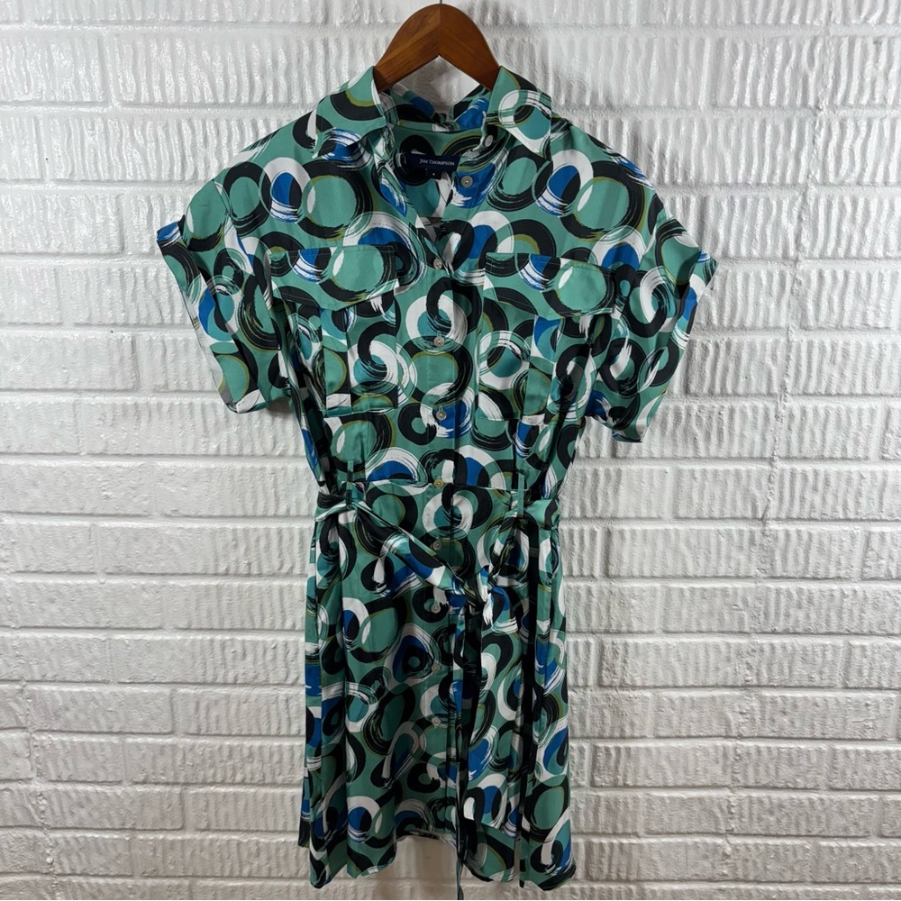 Jim Thompson 100% Silk‎ Shirt Dress Teal Blue Mod Geometric Print Size 6